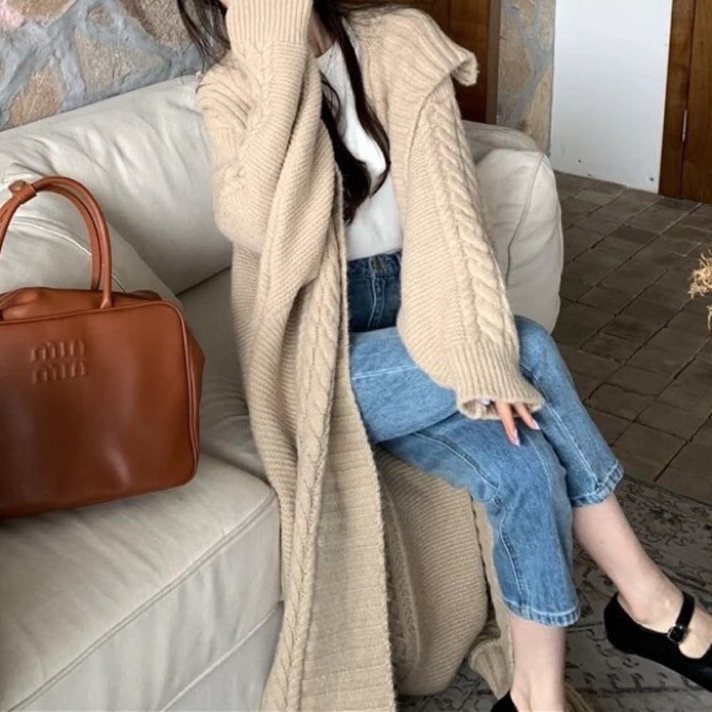 533 Beige  tan Cardigan Coat Maxi Open Duster Long Fuzzy sweater - Picture 3 of 6